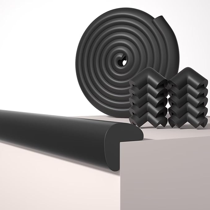 Baby Proof Edge Corner Protector, 16.4FT 0.47''Th L-Shape Furniture Corner & Edge Safety Bumpers with 10 Corners, Pre-Taped, Soft NBR Rubber Foam Desk Edge Cushion Wall Corner Protector (Black)