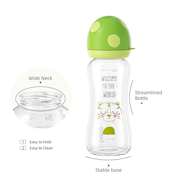 YOHKOH Natural Glass Baby Bottle with Natural Response Nipple, Newborn Anti-Colic Baby Bottles, Wide Neck Mushroom Cap Baby Bottle, Clear (8.8ounce (Pack of 2), Green1)