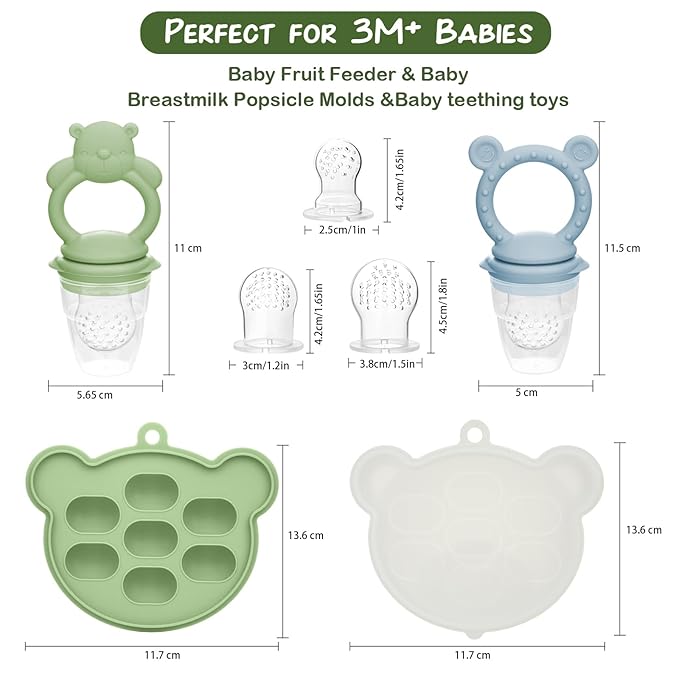 Baby Breastmilk Popsicle Molds & Baby Fruit Feeder (6 Pack), WAJIAYON Baby Food Freezer Tray Storage Containers, Silicone Teething Pacifier Feeder and Teether for Babies,Moss and Fawn Baby Feeder