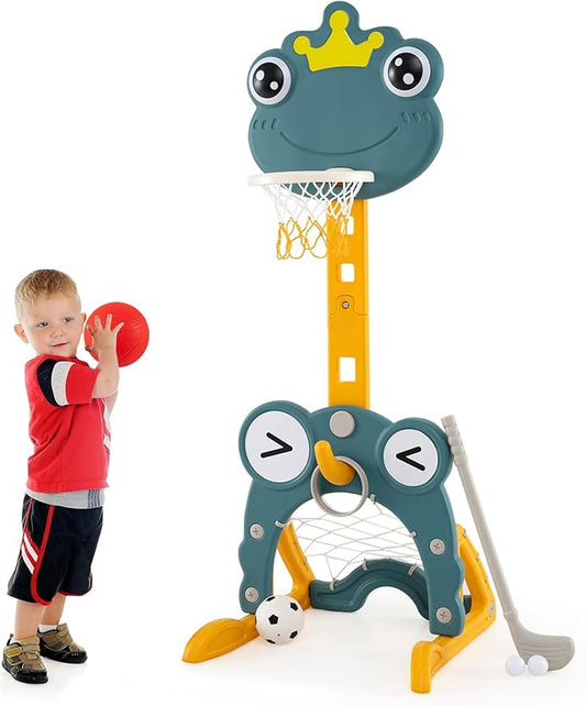 Costzon Toddler Basketball Hoop, 4-in-1 Kids Sports Activity Center with Rim, Soccer Goal, Golf, Ring Toss, Height Adjustable Kids Basketball Hoop with Fillable Base for Indoor Outdoor (Green Frog)