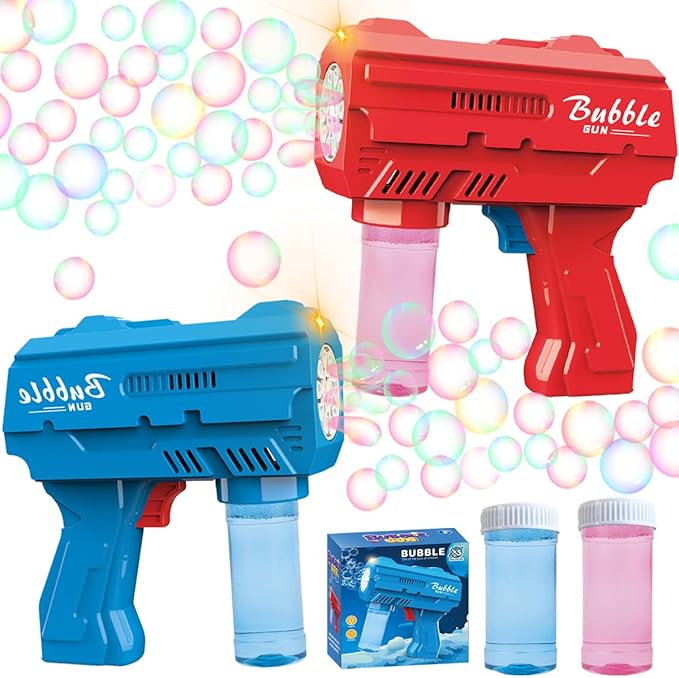 2 Pack Kids Bubble Gun，Automatic Light Up Bubble Machine with 2 Bottles Refill Solution，Bubble Guns Blaster for Toddlers，Outdoor Bubble Blowing Toys, Easter Basket Essentials,Party，Birthday Gifts