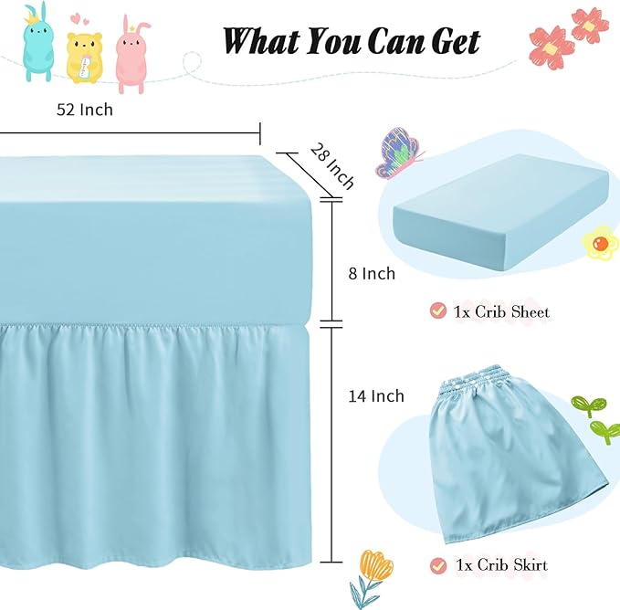 Horbaunal 2 Pack Crib Skirt & Crib Bed Sheet Set, Aqua Blue Crib Bed Skirt 28" x 52" with 14" Drop Dust Ruffle, Soft Microfiber Toddler Bedskirt Nursery Bedding Skirt for Baby Girls and Boys