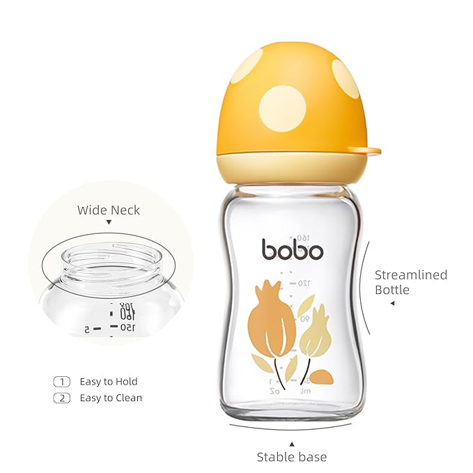 YOHKOH Natural Glass Baby Bottle with Natural Response Nipple, Newborn Anti-Colic Baby Bottles, Wide Neck Mushroom Cap Baby Bottle, Clear (Yellow, (5.4oz (Pack of 4))