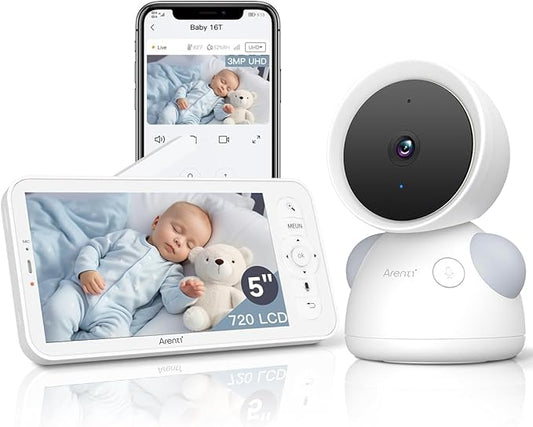 ARENTI Baby Monitor, 2K/3MP WiFi 6 Camera and Audio, 5-inch Wireless Screen, Smartphone App, Super Night Vision, Crying Detection, Auto Tracking, Temp&Humidity Sensor, Cloud&SD Card Storage (D3 Kit)