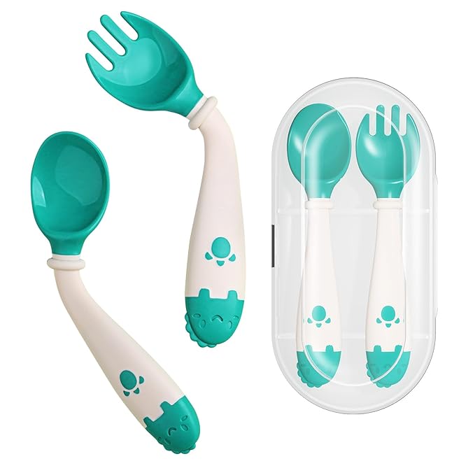 Deejoy Toddler Utensils, Self-feeding Flatware Set withTravel Case, Baby Spoons and Forks with Silicone Bendable Handle, Easy Grip Heat-Resistant, Ideal for Kids, Stage 2 (Green)