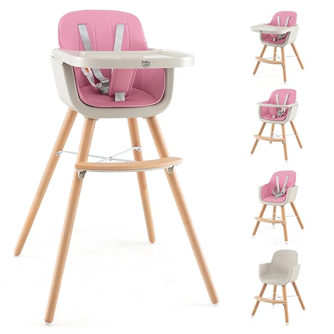 BABY JOY Convertible Baby High Chair, 3 in 1 Wooden Highchair/Booster/Chair with Removable Tray, Adjustable Legs, 5-Point Harness, PU Cushion and Footrest for Baby, Infants, Toddlers (Pink)