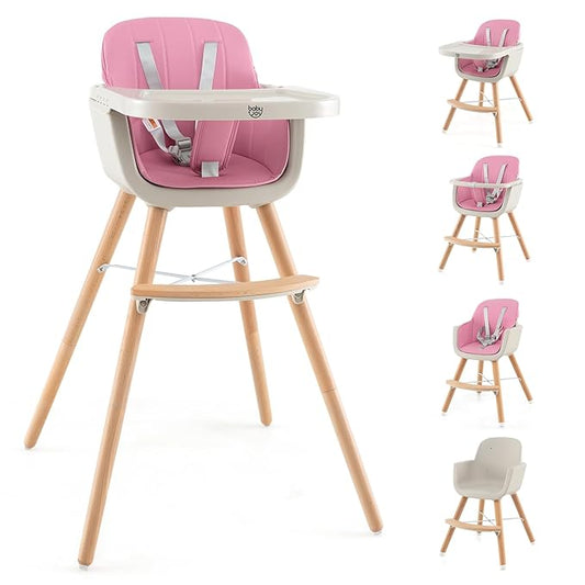 BABY JOY Convertible Baby High Chair, 3 in 1 Wooden Highchair/Booster/Chair with Removable Tray, Adjustable Legs, 5-Point Harness, PU Cushion and Footrest for Baby, Infants, Toddlers (Pink)