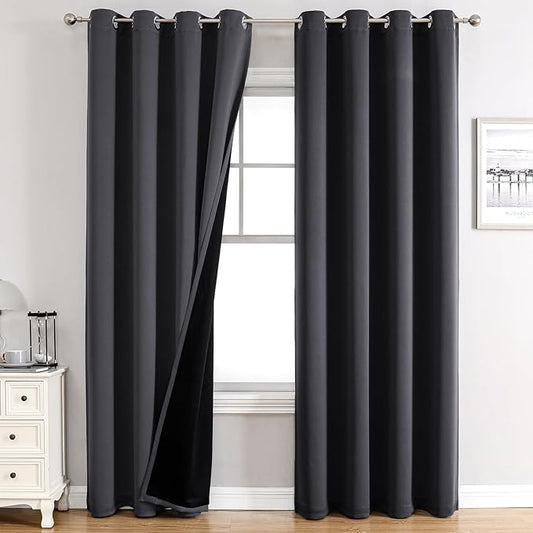 ChrisDowa 100% Blackout Curtains for Bedroom with Black Liner, 2 Thick Layers Total Blackout Thermal Insulated Grommet Window Curtains 84 Inch Long 2 Panels Set (Dark Grey, 52 x 84 Inch)