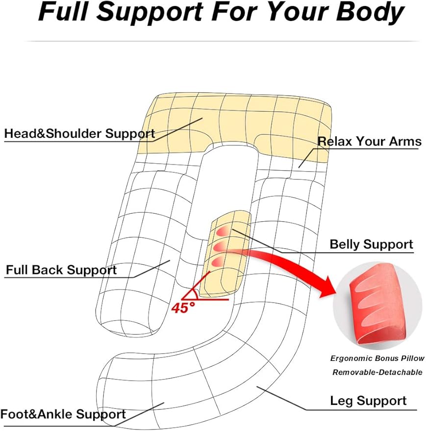 60in Full Body Pillow | Nursing, Maternity and Pregnancy Body Pillow | Awesling Extra Large U Shape Pillow and Lounger with Detachable Side, Separate Support Pillow and Removable Cover (Grey Blue)