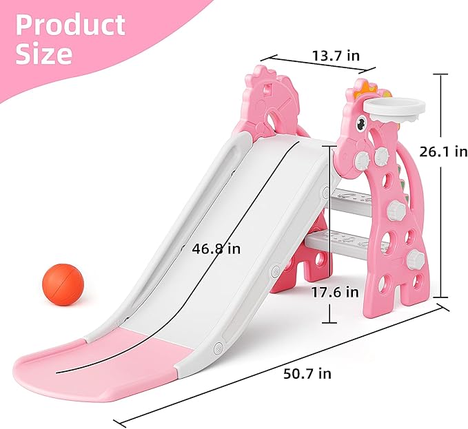 67i Toddler Slide for Indoor & Outdoor Play with Basketball Hoop, Anti-Slip Steps, 46.8in Baby Climber (Pink)