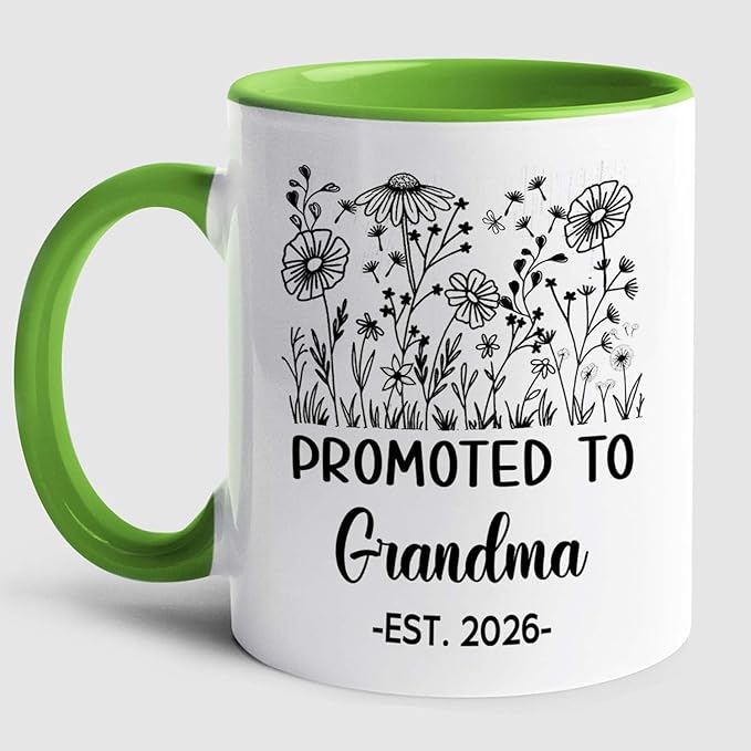 Customized Promoted To Grandma Accent Mug, New Grandma Pregnancy Announcement White Coffee Cup 11 15 Oz, Personalized Grandmother EST 2026 Ceramic Coffee Mug Gift For New Grandmother Nana Gigi Mimi