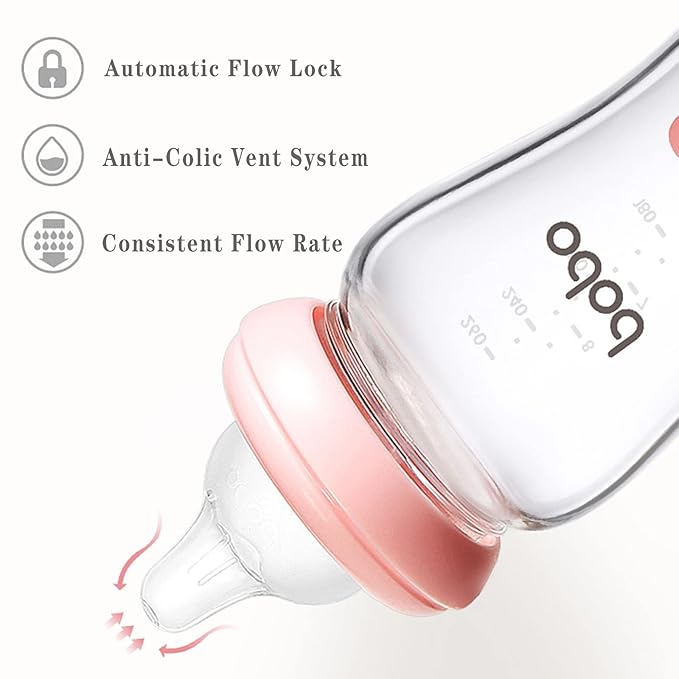 YOHKOH Natural Glass Baby Bottle with Natural Response Nipple, Newborn Anti-Colic Baby Bottles, Wide Neck Mushroom Cap Baby Bottle, Clear (8.8oz (Pack of 4), Green)