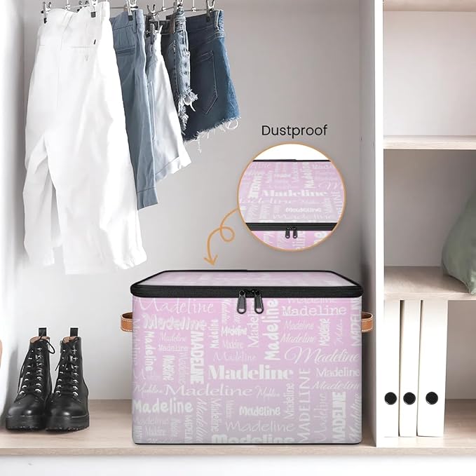 Custom Storage Basket with Name, Personalized Storage Bins with Zipper Lid, Foldable Fabric Storage Box Large capacity with Handle Grey Pink Gradient