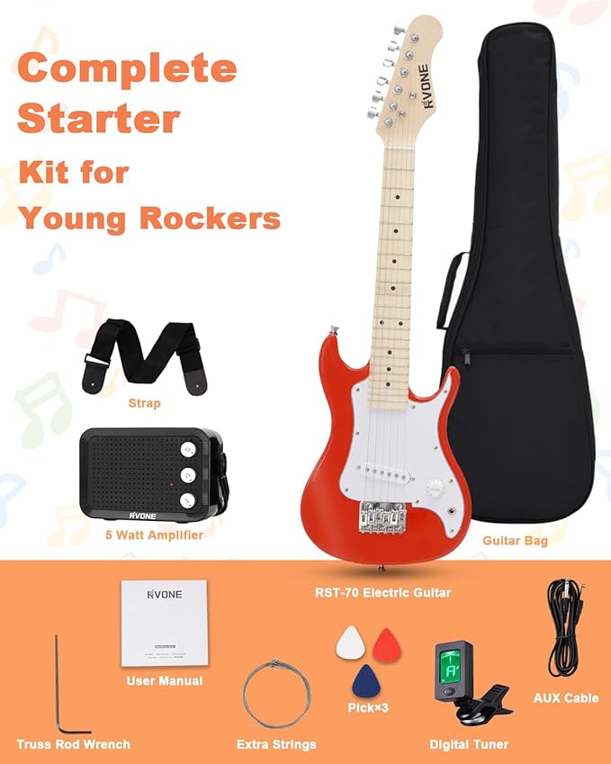 Kids Electric Guitar Beginner Kit 30 Inch, Mini ST Style Electric Guitar for Boys Girls with Amp 5W, Gig Bag, Tuner, Strap, Cable, Picks, Extra Strings, RST-70 Red