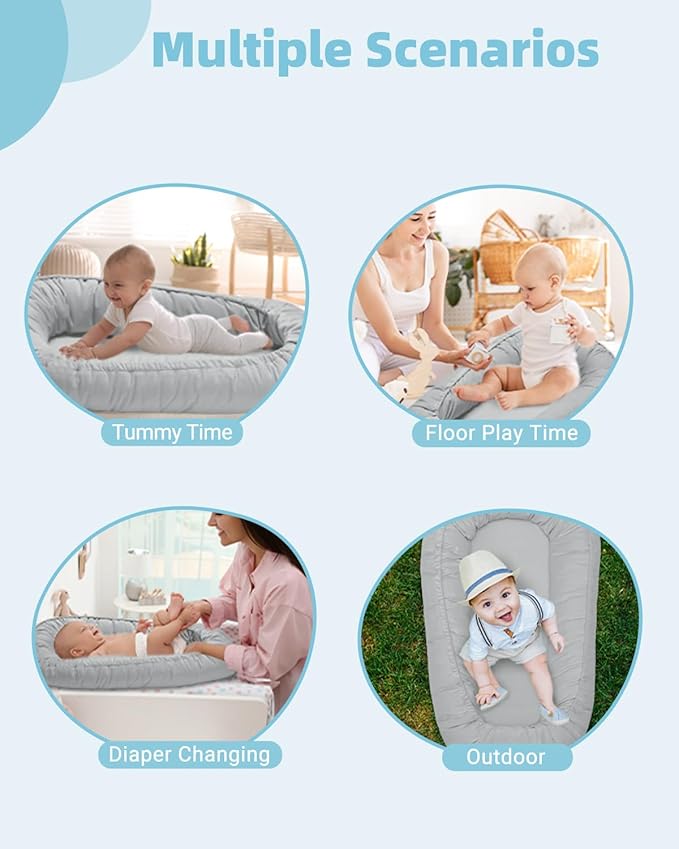 Baby Lounger for Newborn 0-24 Months, Breathable & Soft Infant Lounger, Adjustable Tummy Time Lounger for Home and Travel, Baby Girls & Boys Newborn Babies Essentials Stuff, Grey