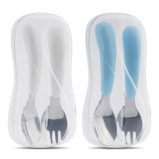 Kirecoo 2 Set Toddler Utensils, Toddler Forks and Spoons, Stainless Steel Toddler Silverware Set, Designed for Self Feeding Flatware Set with Travel Carrying Cases BPA Free (White & Aqua)