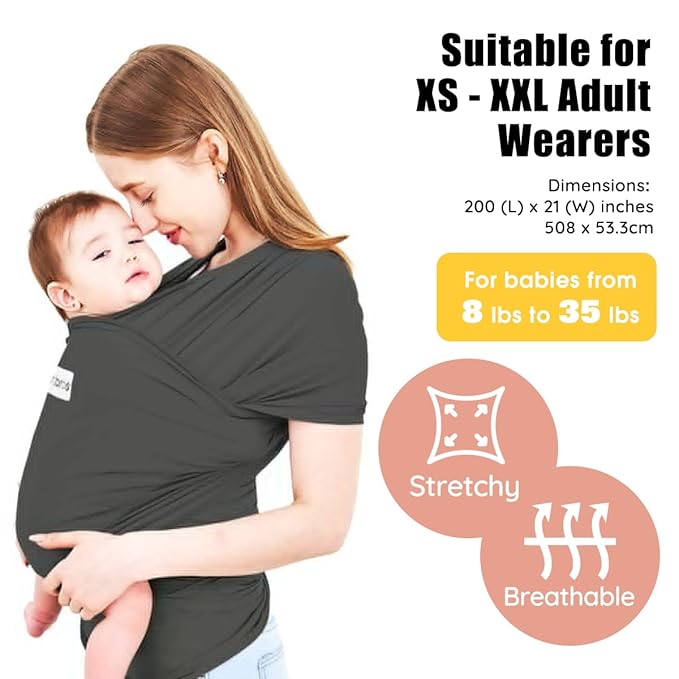 Acrabros Baby Wrap Carrier,Hands Free Baby Carrier Sling,Lightweight,Breathable,Softness,Perfect for Newborn Infants and Babies Shower Gift,Dark Grey