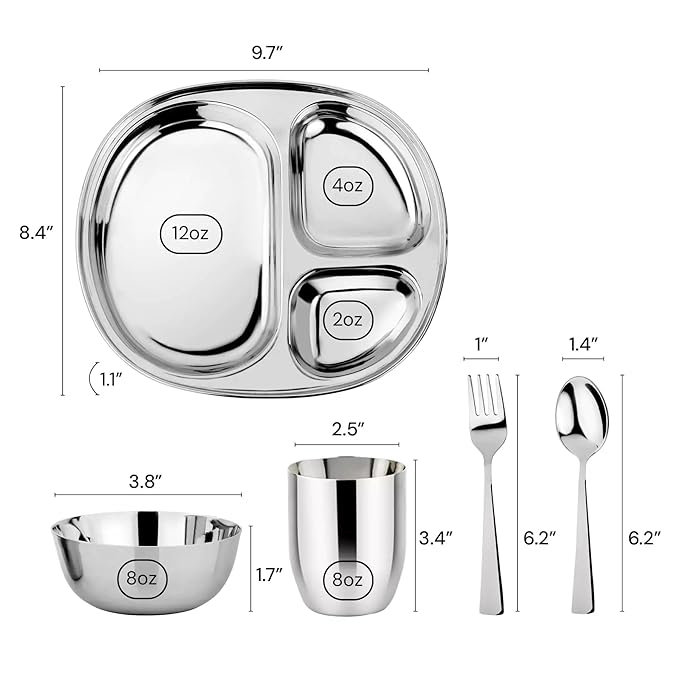 Ahimsa Stainless Steel Kids Dinnerware Set - 5 Piece Toddler Plates and Bowls Set, Pediatrician Designed, Includes Non Toxic Toddler Plate and Bowl, Kids Utensils and Cup (Classic Stainless Steel)