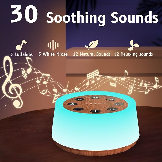 ColorsNoise Sound Machine and White Noise Machine with 30 Soothing Sounds with 12 Colors Baby Night Light with Memory Function (T-Wood)