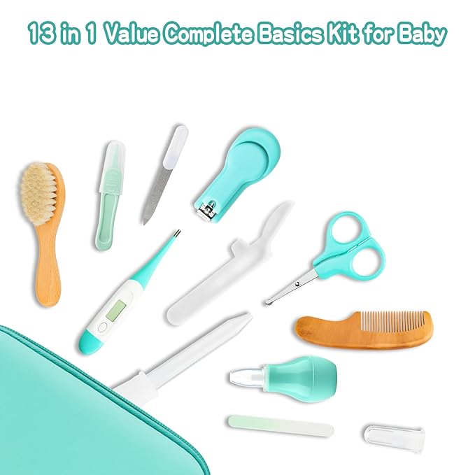 Baby Grooming Kit, Infant Safety Care Set with Hair Brush Comb Nail Clipper Nasal Aspirator,Baby Essentials Kit for Newborn Girls Boys (13 Pc Green Kit)