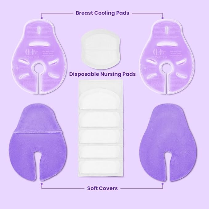 2 Larger Breast Ice Packs with Soft Covers and 6 Breast Pads for Leaking Milk, Hot and Cold Breast Therapy Packs, Breastfeeding Essentials for Relief of Clogged Ducts, Nipple Pain, Engorgement