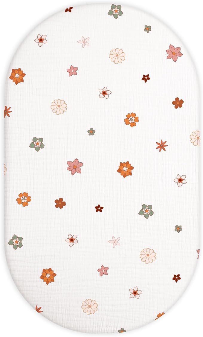 Bassinet Sheet for Baby Boy and Girl, Fitted Sheets for Rectangle, Oval, Hourglass Bassinet Mattress, Muslin Moses Basket Sheets with Neutral Style (Flower-B)