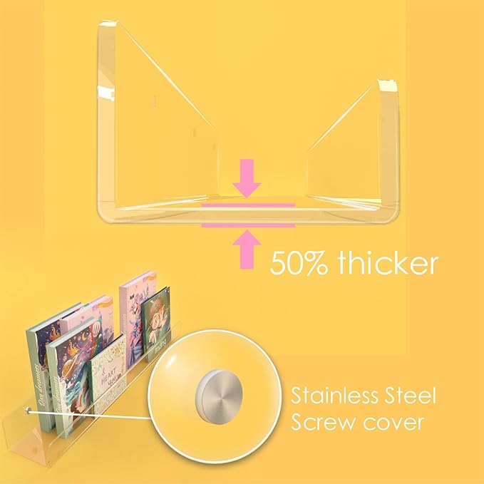 36 Inch 50% Thicker Clear Acrylic Book Shelves, Invisible Kids Wall Bookshelves for Baby Storage Book Rack, Toy Organizer, Book Display, Playroom, Bedroom, Toddler Room, Nursery 2 Packs