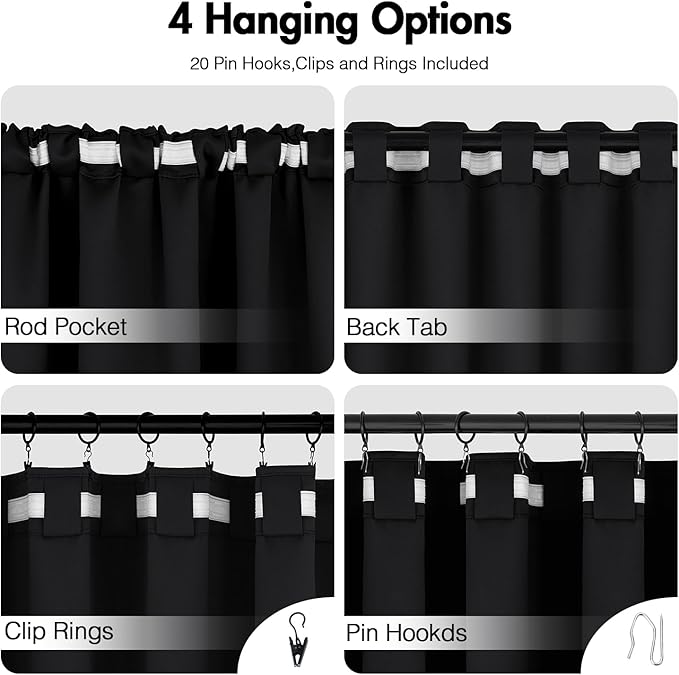 ANRODUO Back Tab Blackout Curtains for Bedroom Living Room, Rod Pocket Pinch Pleated Thermal Insulated Room Darkening Curtains 96 Inches Long 2 Panels, Black, 52 x 96 Inch