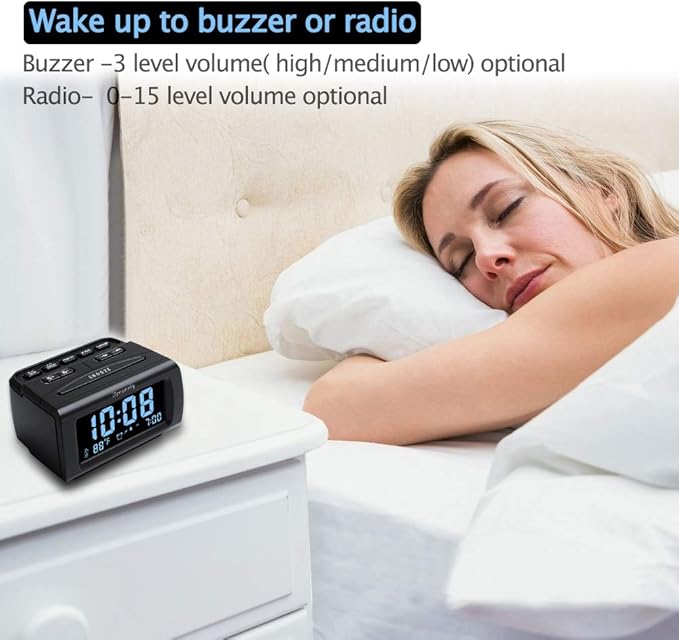 DreamSky Alarm Clock Radios for Bedrooms with Battery Backup, Large Big Numbers with Brightness Dimmer, USB Port, Bedside Digital FM Radio with Sleep Timer, Temperature, Adjustable Volume, Snooze