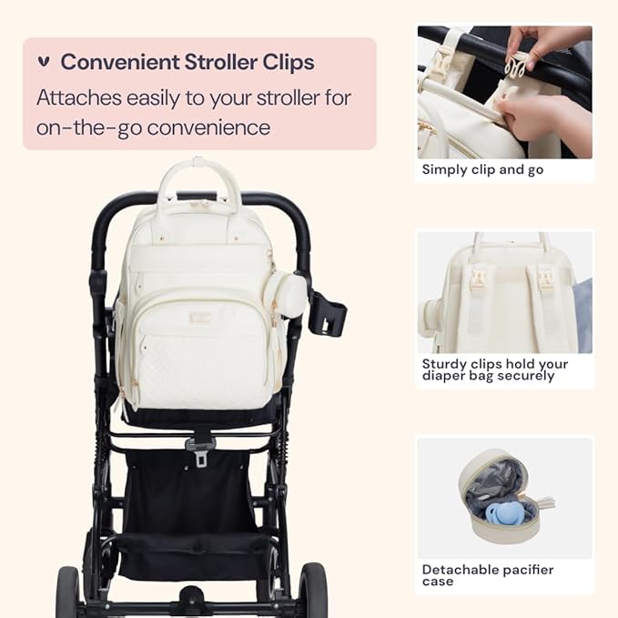 BabbleRoo Leather Diaper Bag Backpack - Baby Essentials Travel Baby Bag, Multi function, Waterproof, with Changing Pad, Stroller Straps & Pacifier Case – Unisex, Eggshell White