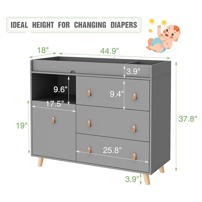 Baby Dresser Changing Table with Drawers,Shelf,Hidden Laundry Basket Storage,2 in 1 Nursery Dresser Chest for Infants, Baby Diaper Changing Station for Daycare,Bedroom,Grey