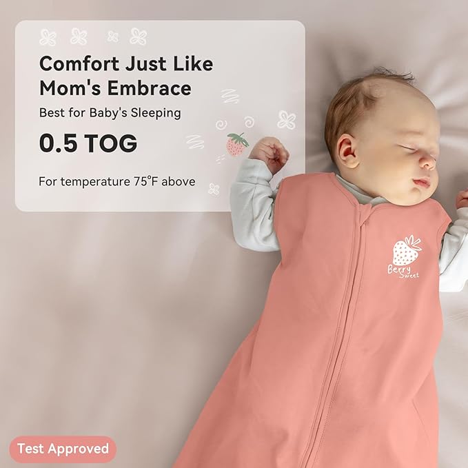 Baby Sleep Sack 6-12 Months 0.5 Tog Wearable Blanket Baby, 3 Pack 100% Cotton Lightweight Sleeping Sack with 2-Way Zipper for Newborn Infant Strawberry