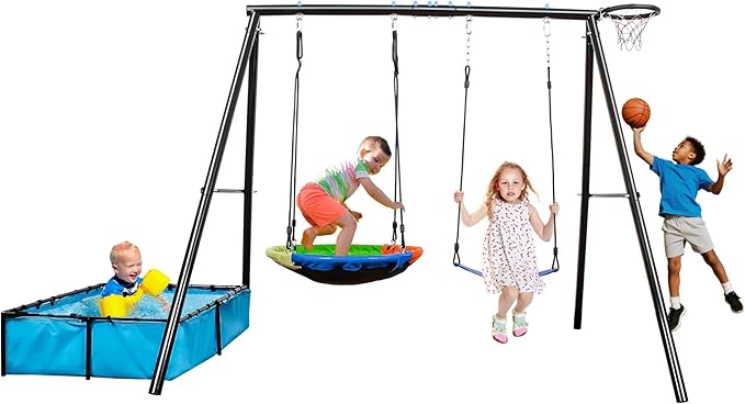 4-in-1 Heavy Duty Swing Set for Backyard – Large Metal Frame with Saucer Swing, Sandbox, Basketball Hoop & Single Swing Seat | Toddler to Kids Play Equipment | Outdoor & Indoor Use | Kids Gift