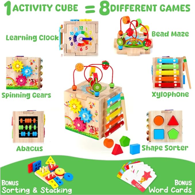 Batlofty Wooden Activity Cube, 8-in-1 Montessori Toys for 1 2 Year Old Girl Boy Toddler| Sensory Educational Learning Toys 12-18 Months | 1st Birthday Gifts, Bead Maze | Bonus Sorting & Stacking Board