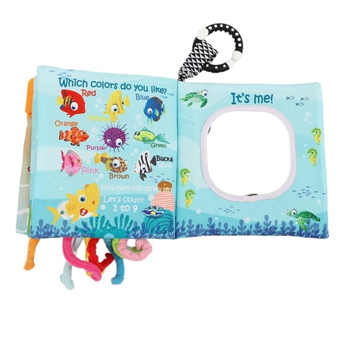 Cloth Crinkle Books for Babies Toddler – Touch and Feel Soft Baby Books, Interactive Early Learning Toys for Infants 0-6-12-18 Months Gift, Teething Toy with Teether, Fish, Octopus, Shark