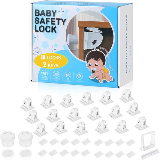 18 Pack Magnetic Cabinet Locks for Child Safety, Drawer Locks Baby Proofing, Magnetic Door Safety Locks for Cabinets and Drawers, Easy Installation No Tools Required (18 Pack and 2 Keys)