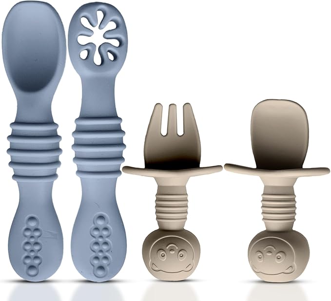 4pc Silicone Baby Spoons Self Feeding Baby Utensils 6-12 Months - 3 Baby Spoon - 1 Baby Fork - Toddler Cutlery Set - BPA Free, Dishwasher Safe - Baby Eating Essentials (Gray/Beige)