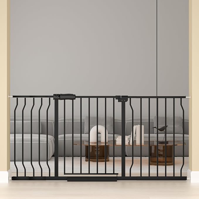 Extra Wide Baby Gate Extra Wide Extra Tall Dog Gates for Stairs Doorways Black Metal Tension Indoor Safety Gates with Pressure Mount 53-57.5 Inch