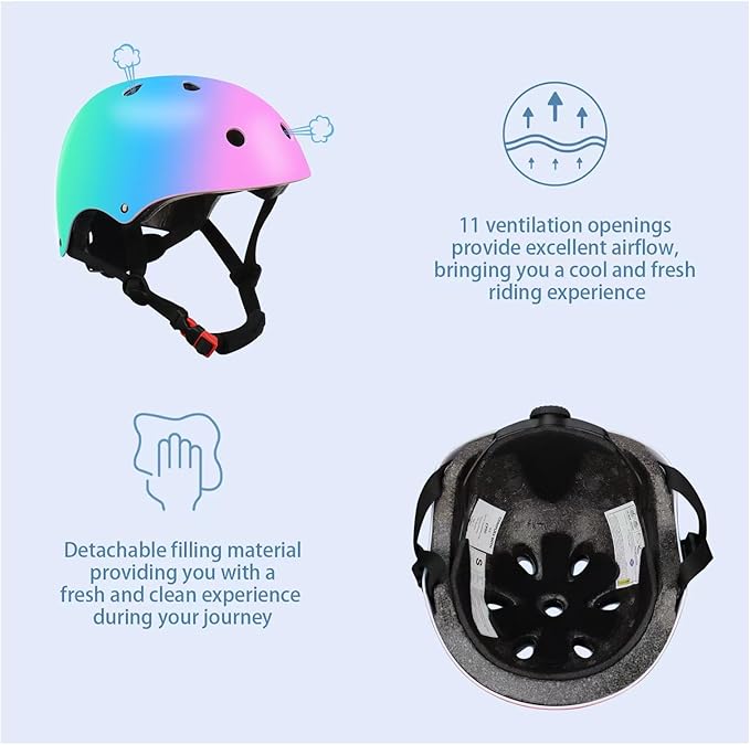 Color Gradient Adjustable Kids' Helmet with Knee & Elbow Pads Set | Multi-Sport Safety Gear for Boys & Girls Ages 5-14 | Skateboarding, Scooters, Roller & Inline Skating, Longboarding