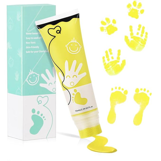 75ml Yellow Baby Hand and Footprint Ink Kit, Baby Handprint Footprint Paint for Newborn Keepsake, Dog Cat Paw Print Kit, Washable, Non Toxic Acid-Free, Safe Gentle for Ideal New Mom Gifts