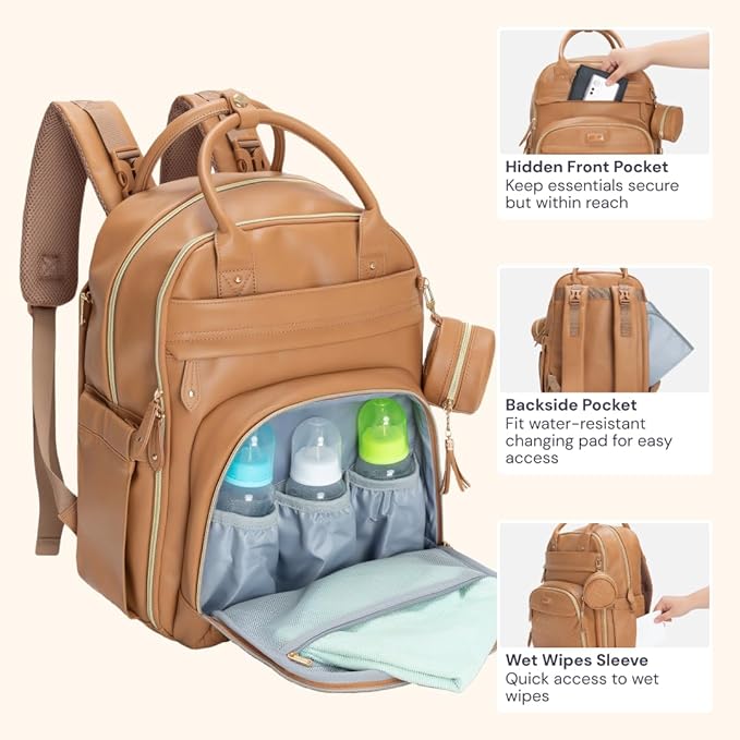 BabbleRoo Leather Diaper Bag Backpack - Baby Essentials Travel Baby Bag, Multi function, Waterproof, with Changing Pad, Stroller Straps & Pacifier Case – Unisex, Light Brown
