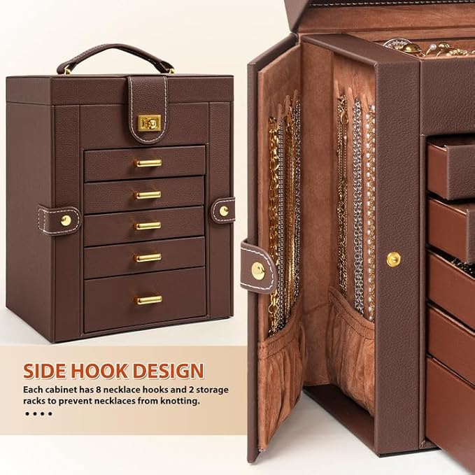 AKOZLIN Jewelry Box Organizer Functional Leather Jewelry Storage Case for Women Girls Ring Necklace Earring Bracelet Holder Organizer with Mirror Brown