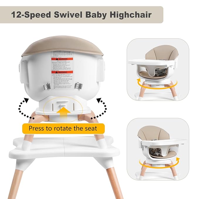 Baby High Chair, 7 in 1 Convertible High Chairs for Babies and Toddlers, Kids Learning Table, Building Block Table, Toddler Dining Chair with 360° Rotating Seat, 5-Point Safety Harness (Khaki)