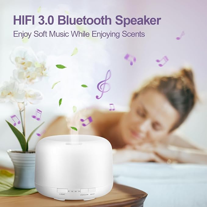 Diffusers for Essential Oils Large Room 500ML+6 Oil Set, Bluetooth Speaker+Remote+8 RGB Lights Essentail Oil Diffuser, Easy to Use & 23Db 100% Quiet Oil Diffuser Large Room, Diffusers for Home