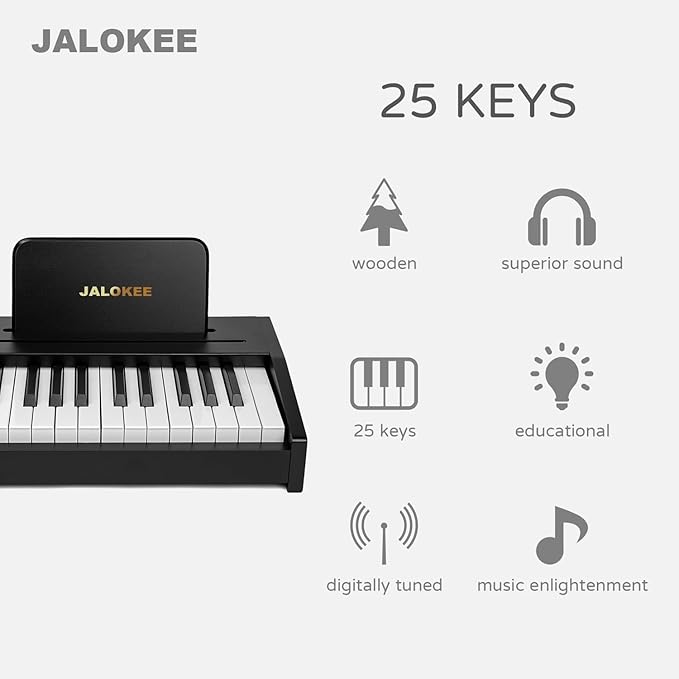 Kids Piano Keyboard, Digital Piano for Kids, Music Educational Instrument Toy, Wood Toy for 3+ Girls and Boys (Black, 25 Keys)