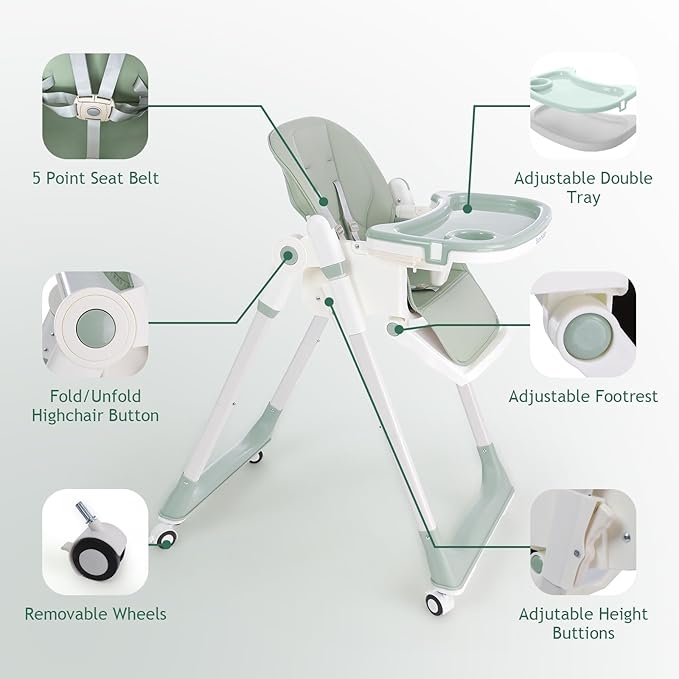 3 in 1 Baby High Chair with Wheels, Adjustable 5 Point Harness, Tray, Foot Rest, Backrest and Seat Height, Foldable High Chair for Toddlers, Green