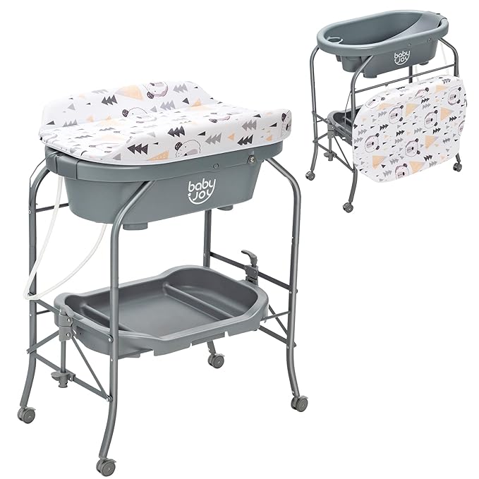 BABY JOY Baby Bathtub with Changing Table, Foldable Infant Diaper Changing Station with Storage Tray, Waterproof Pad, Portable Newborn Nursery Organizer Bath Stand with 4 Universal Wheels (Gray)