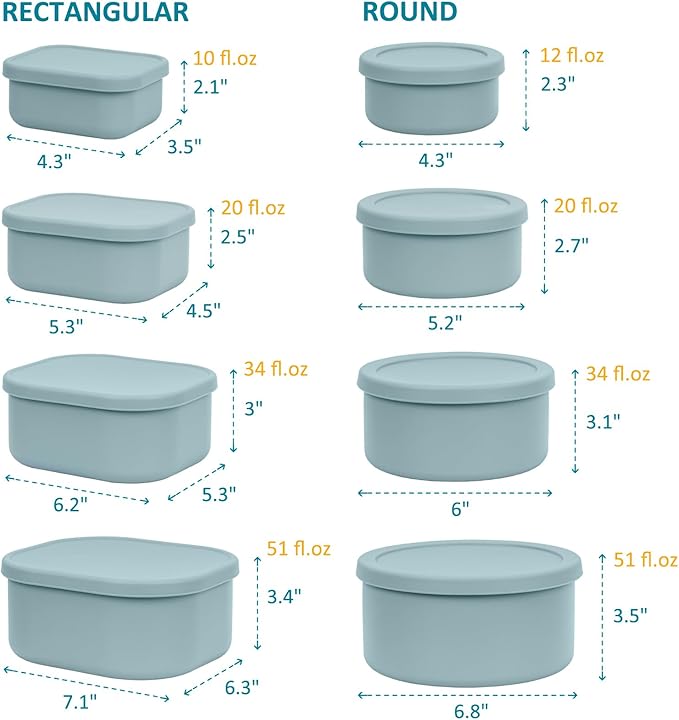 100% Silicone Food Storage Containers with Lids, 8 Pack, 10oz to 51oz, Reusable Leakproof Nesting & Stackable Silicone Bento Lunch Box, Microwave Freezer Dishwasher Oven Safe, BPA Free, Slate Green