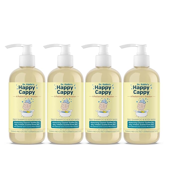 Happy Cappy Baby Shampoo and Body Wash - Eczema Body Wash for Kids, Toddler, Adults, Helps with Dryness, Reduces Itching and Redness, Dermatologist Tested, Fragrance Free - 8 Fl Oz (Pack of 4)
