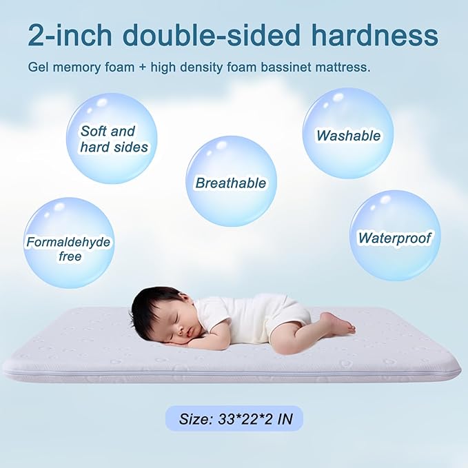 Baby Bassinet Mattress Pad, 30" x 18" x 2" Dual Sided Gel Memory Foam Mattress with Breathable Removable Soft Cover Fit for Halo Bassinest Swivel/Luxe/Glide/Flex/Premiere Series Sleeper
